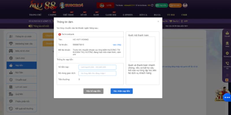 Nạp tiền MU88 qua Internet banking 