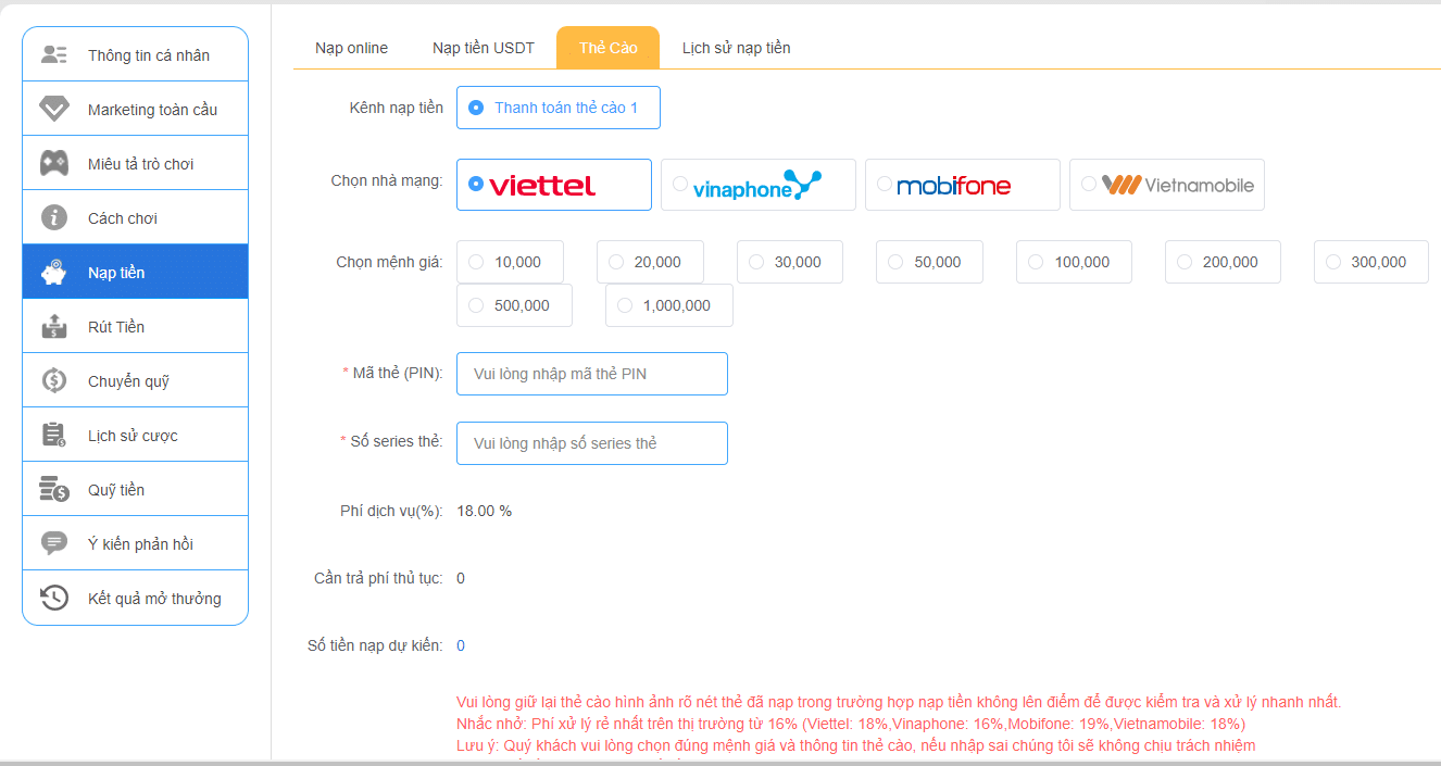 Nạp tiền vào MU88 qua thẻ cào điện thoại 